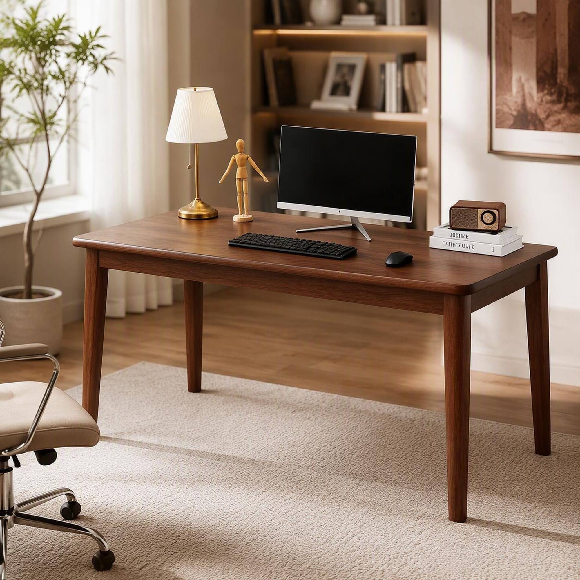 Front. RYHNUYNE - Solid Rubberwood Writing Desk, 55.1 x 19.7 Inches, Mid-Century Modern Computer Table, Walnut Finish for Bedroom - Walnut.