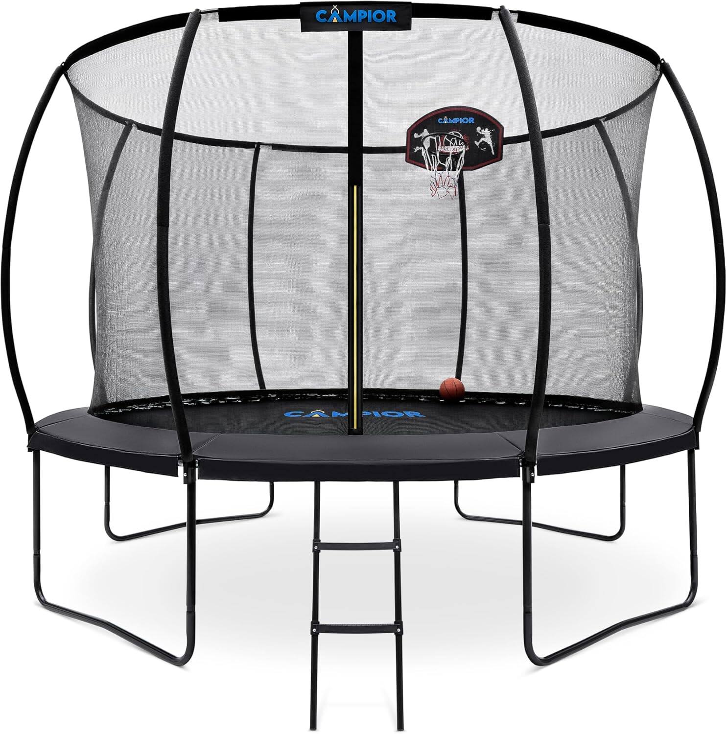 Campior - 10FT Pumpkin Trampoline with Ladder & Basketball Hoop – Safe, Durable, Fun, Inner Enclosure for Kids & Family Use - Black