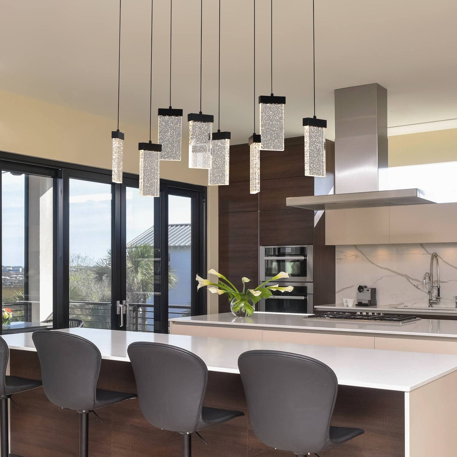 Alt View 3. Umeiluce - 8 Lights Modern Perceus Kitchen Island Chandelier Rectangle Base Warm Light Dimmable - Matte Black.