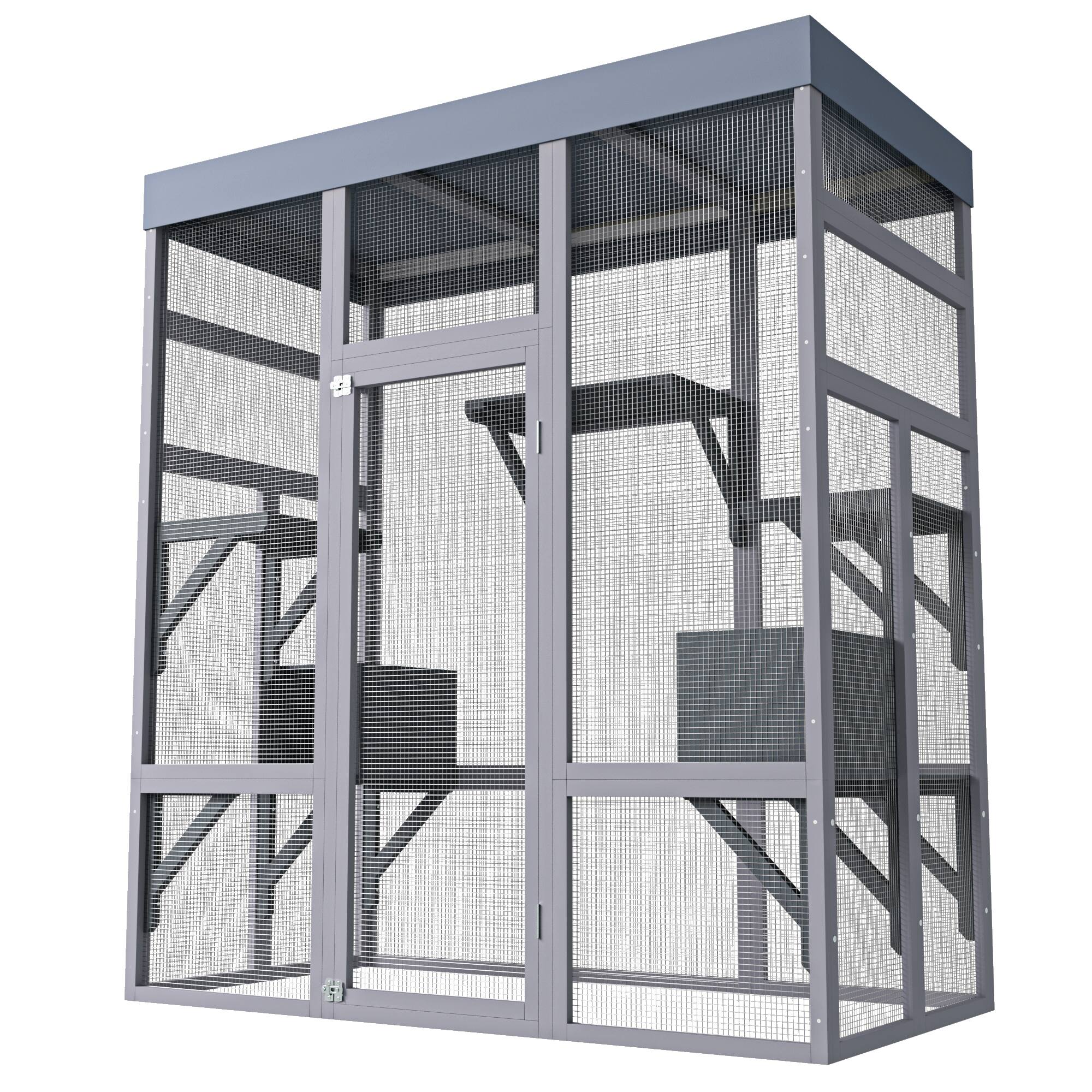 Angle. Siljoy - 62.6" Outdoor Catio with Waterproof Roof, 2 Napping Houses, Platforms & Galvanized Mesh Cat House.