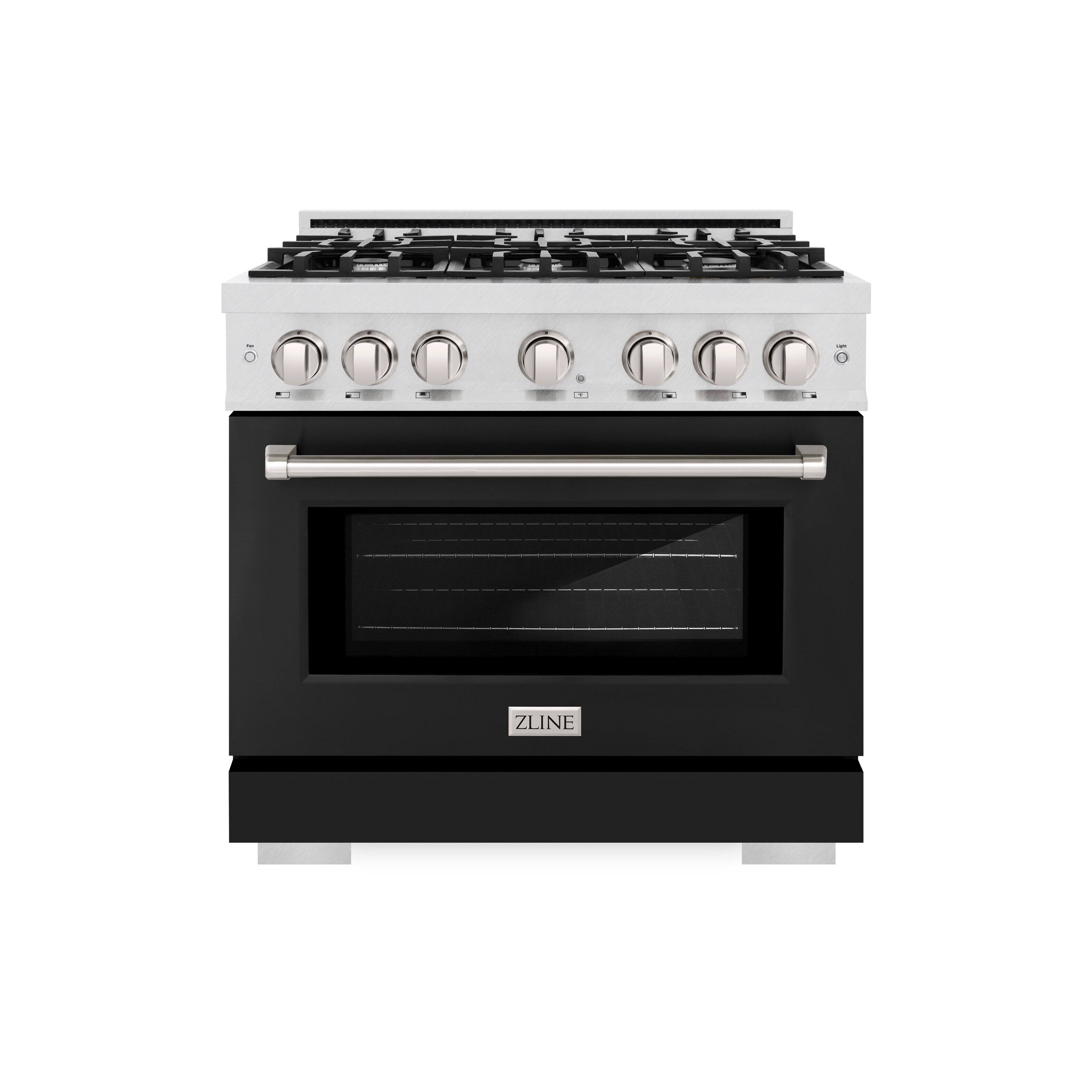 Left. ZLINE - ZLINE 36 in. 5.2 cu. ft. Freestanding Select Satin Steel Gas Range w/ 6 Burners & Convection Oven w/ Black Door - Satin Stainless Steel.