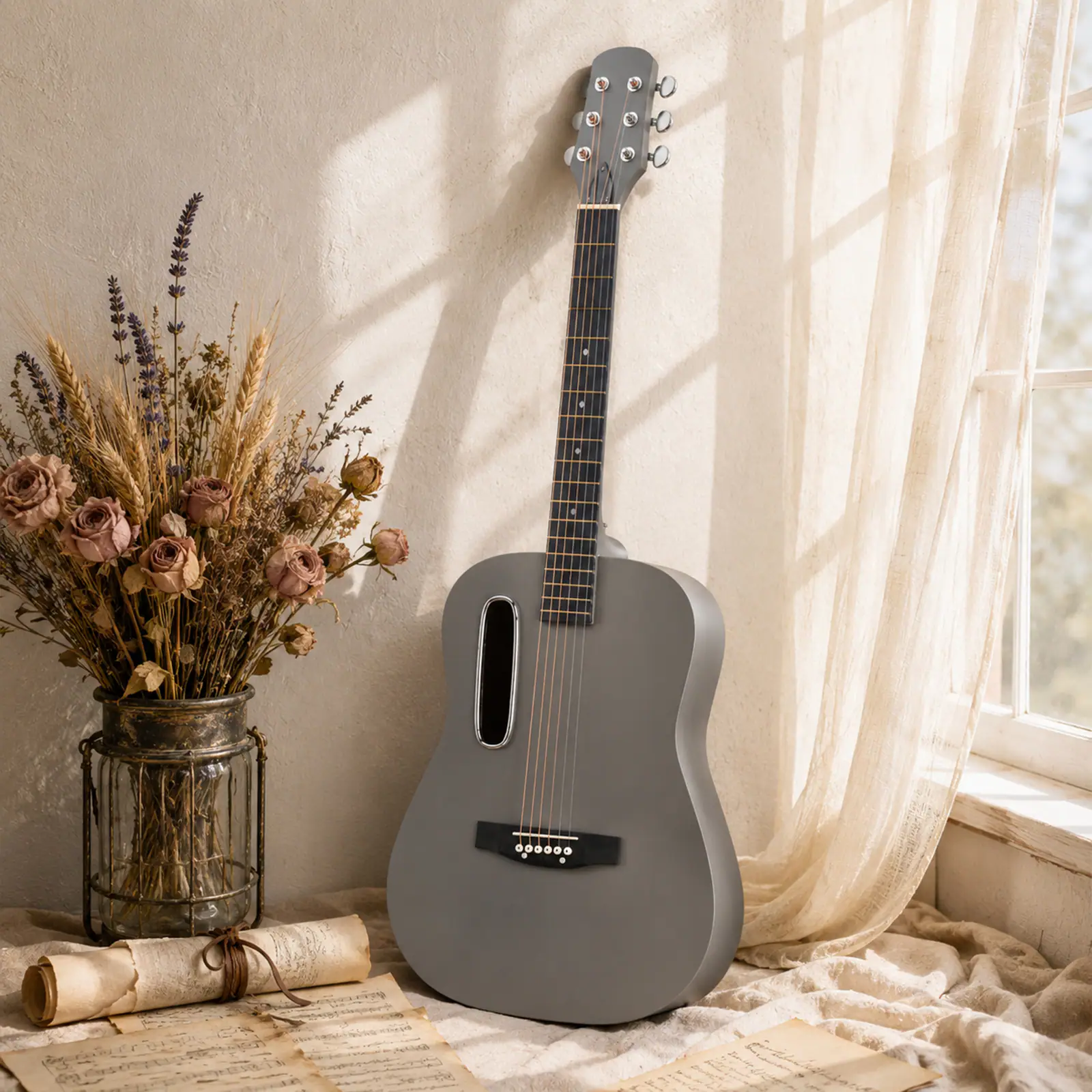Left. Winado - 38 Inch Steel-String Acoustic Guitar Kit for Beginners Includes Picks,Extra Strings,Capo,Gig Bag,Strap & Wrench - Gray.