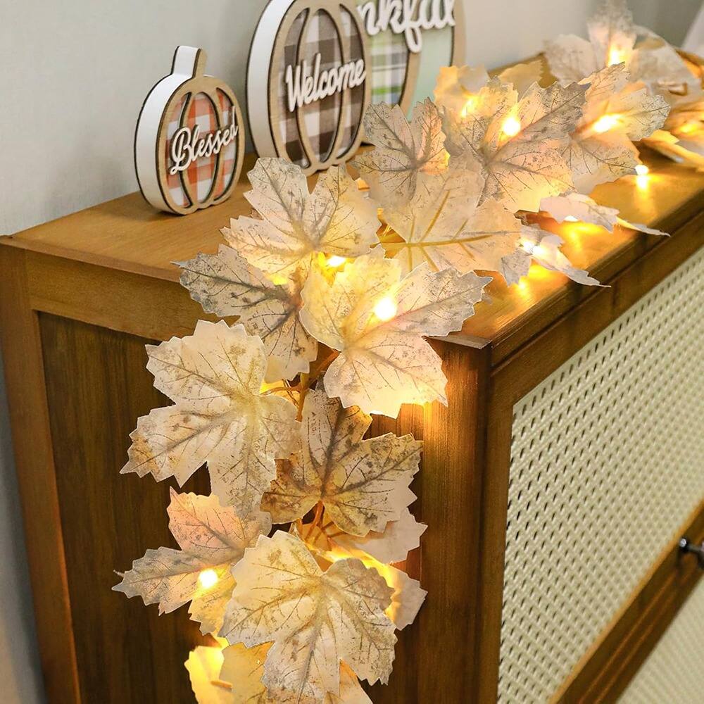 PARKER SLATER - 2-Pack Fall Garland with Lights, 13Ft 40LED Battery Operated Decor - Grey White