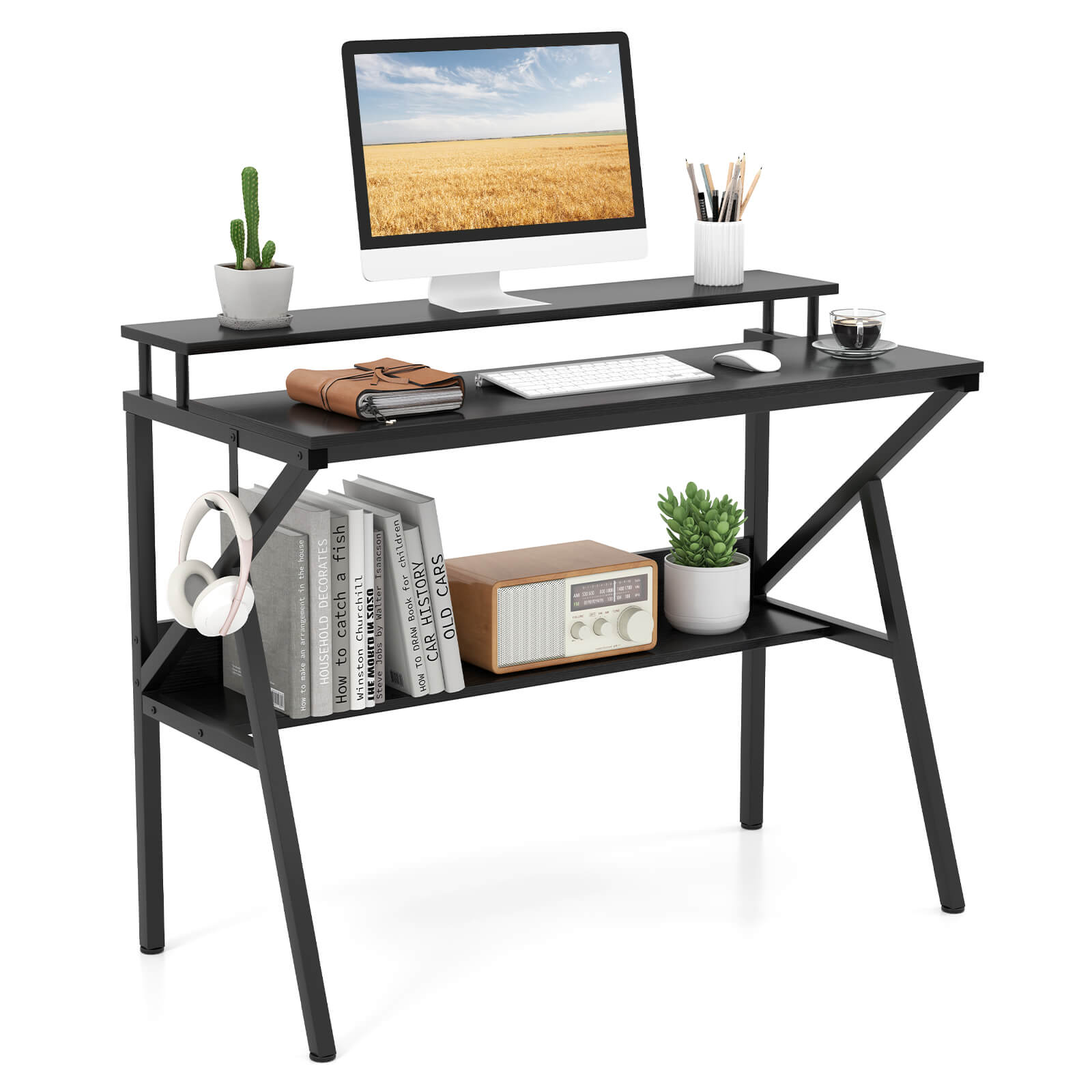 Costway - Home Office Desk with Monitor Stand, Open Shelf & Metal Frame, Earphone Hook - Black