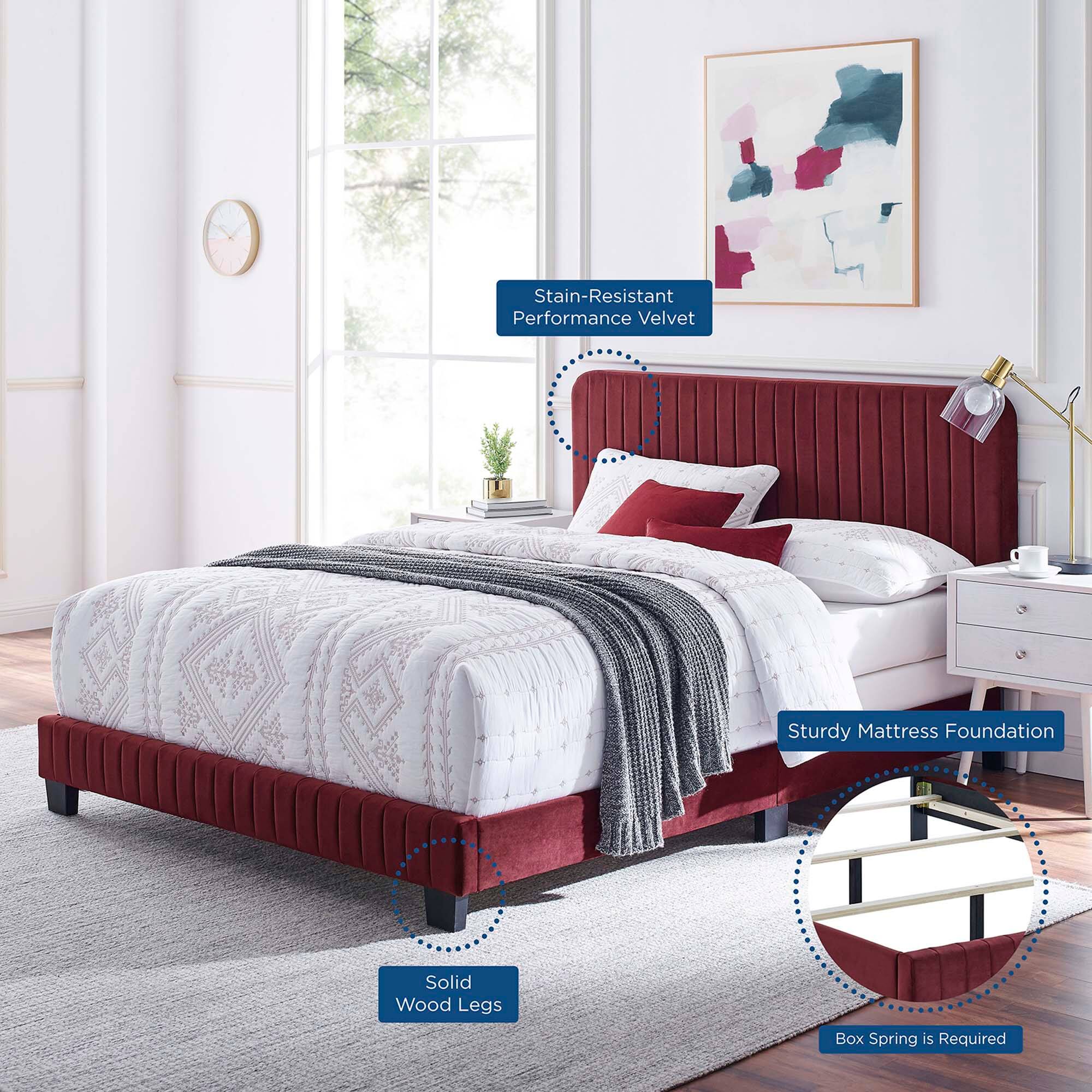 - Stain-Resistant Performance Velvet
- Sturdy Mattress Foundation
- Solid Wood Legs
- Box Spring is Required