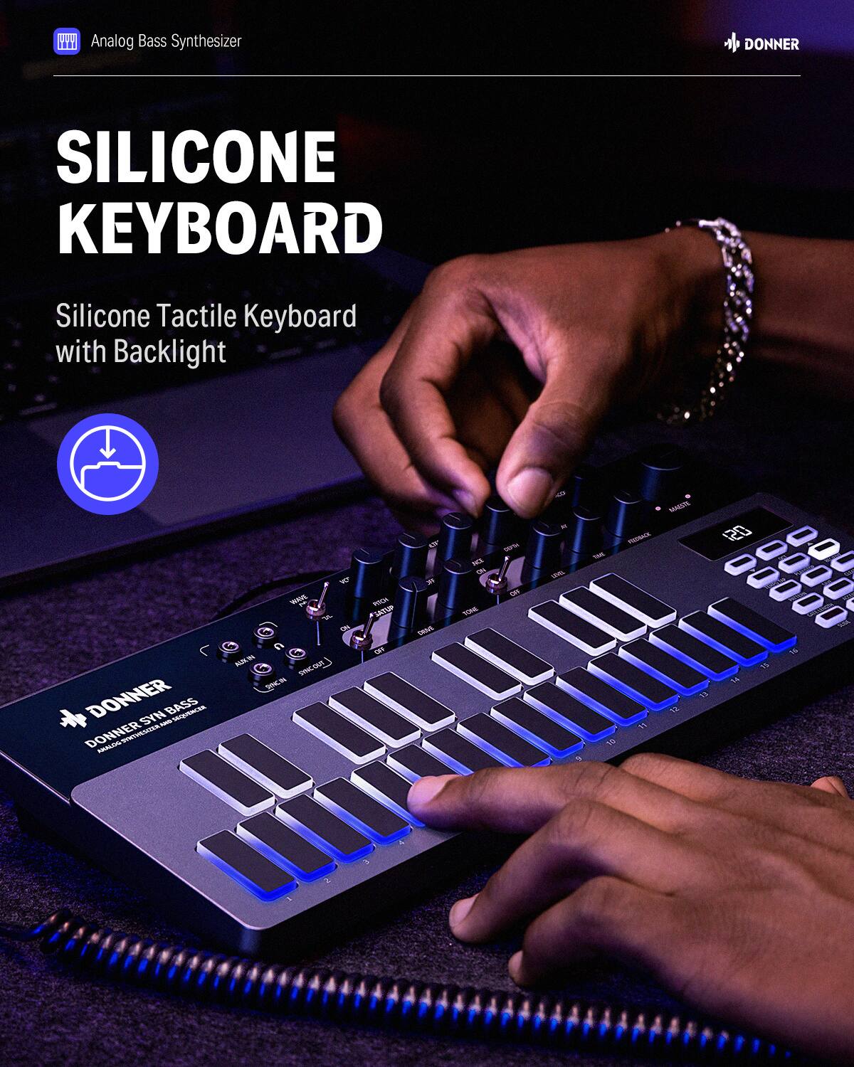 WI Analog Bass Synthesizer DONNER SILICONE KEYBOARD Silicone Tactile Keyboard with Backlight J MESTE * UW MEDRACK 20 - 0 0O4 - NA ie MEN Y R WEVE F M 1 F m SRU TOHE OF  00000 n a 1 C AURW LL SINC.OE SICH DONNER NAS -P BASS  L nuuae 12  DONNER STESTE  10 FRIALDS L A