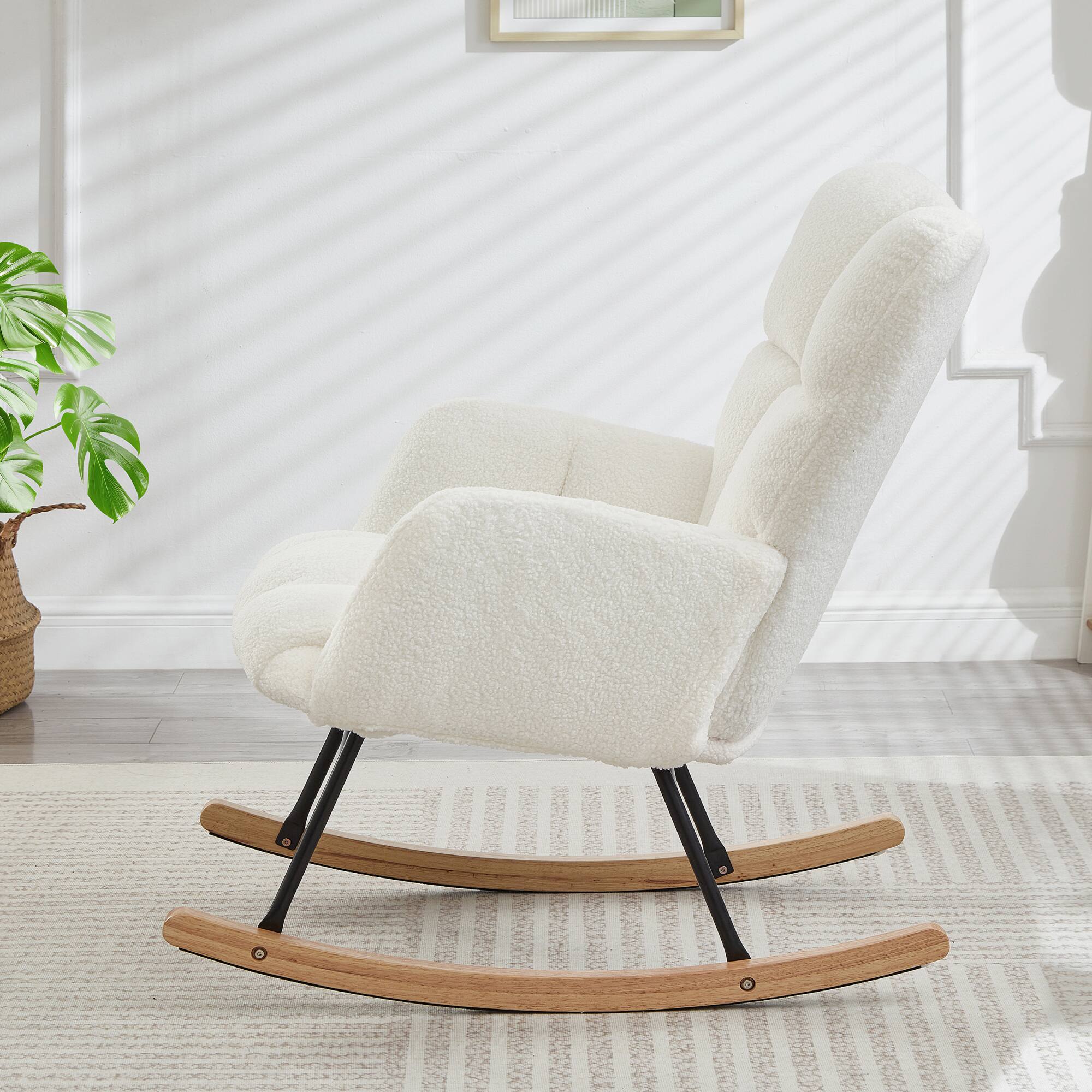 Left. GOODSILO - Tufted Upholstered Rocking Chair with Ergonomic Design and Soft Teddy Fabric for Living Room or Bedroom - Ivory.