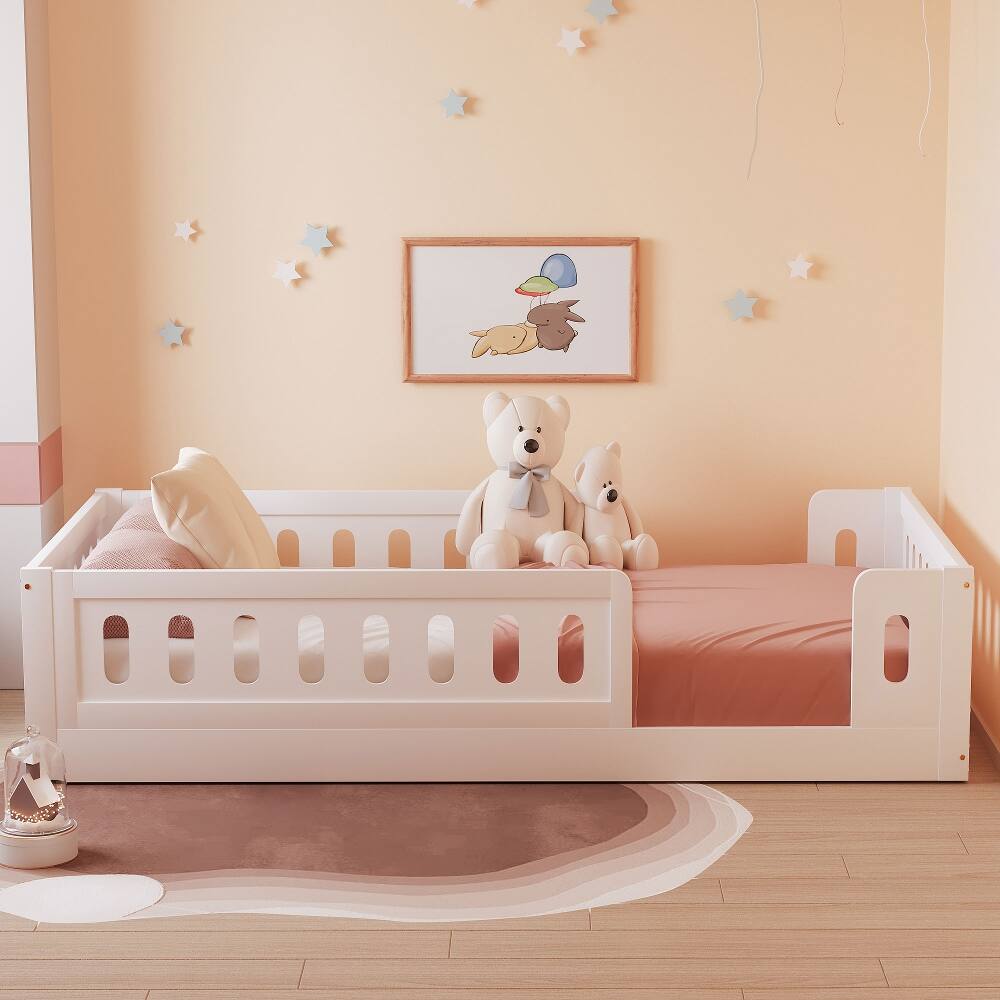 Left. Loheer - Loheer Twin Platform Bed White Wood Twin Bed with Guardrail Kids Floor Bed - White.