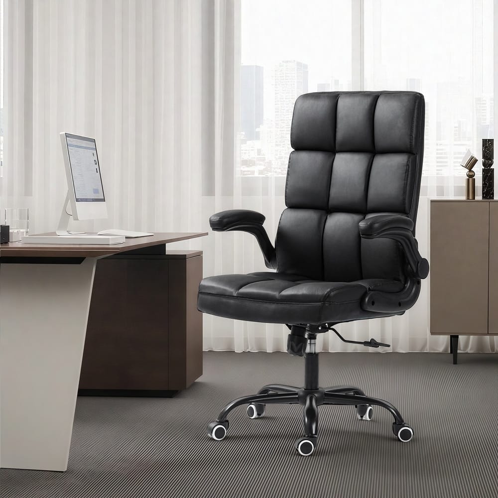U-HOMY - Mid-Century Modern Executive Office Chair - Adjustable Leather Desk Chair with Flip-Up Arms, 330 lbs Capacity - Black