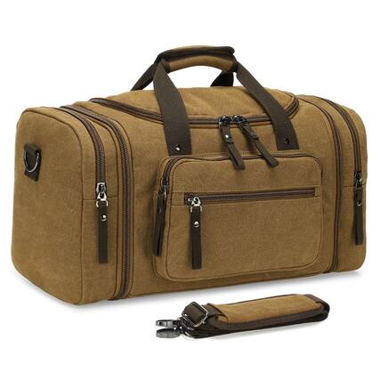 Front. Unique Bargains - Expandable Canvas Duffel 50cm-58cm Sturdy Zipper and Reinforced Handles Lightweight Carry-On Weekender Bag - Coffee.