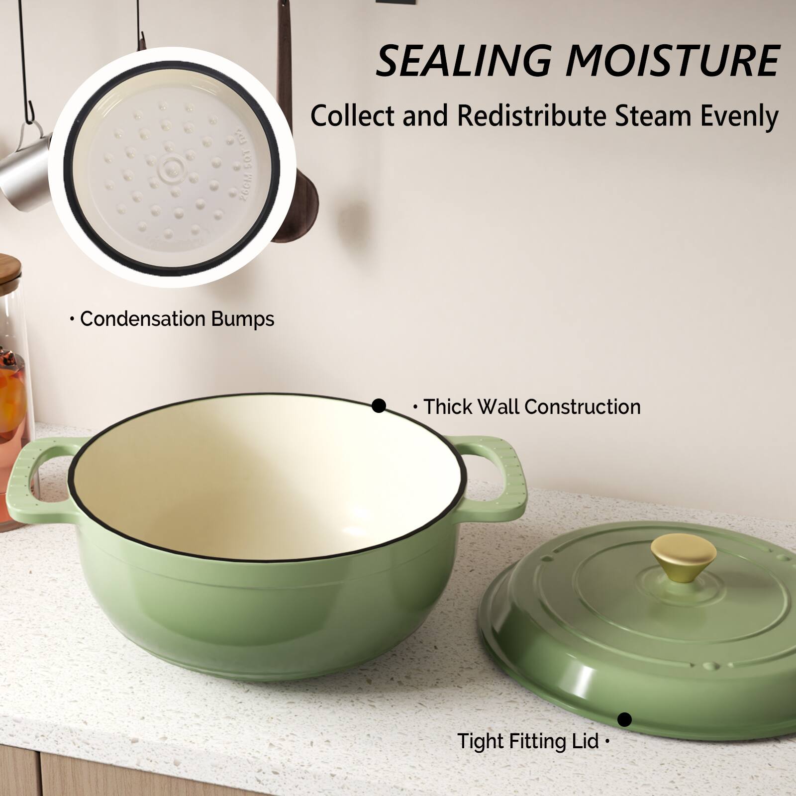 SEALING MOISTURE  
Collect and Redistribute Steam Evenly  

- Condensation Bumps  
- Thick Wall Construction  
- Tight Fitting Lid