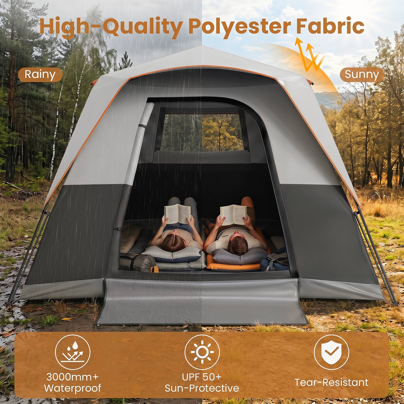 High-Quality Polyester Fabric

Rainy Sunny

3000mm+ Waterproof

UPF 50+ Sun-Protective

Tear-Resistant