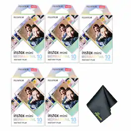 Fujifilm - 5xFUJIFILM INSTAX MINI Mermaid Tail Instant Film (10 Exposures), Microfiber Cleaning Cloth, Bundle