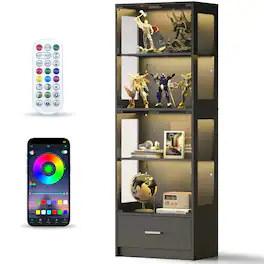 Skyzoo - 5-Tier Glass Display Cabinet with LED Lights & Adjustable Shelves & Drawer, Curio Cabinet for Home & Office - Black