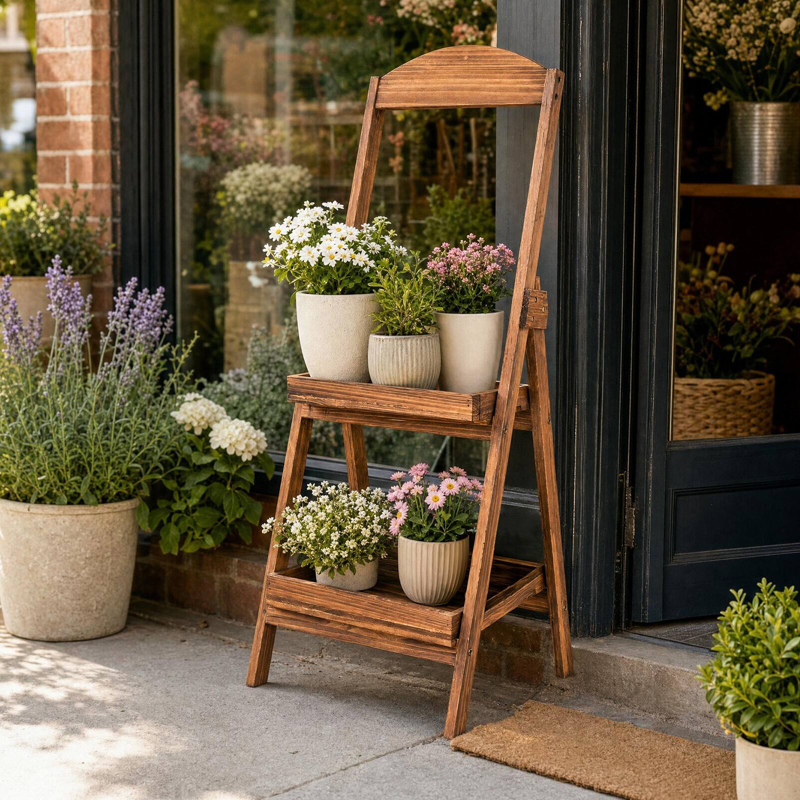 Alt View 4. Costway - Costway 2-Tier Ladder Shelf with Fir Wood Frame, Raised Edges & Open Design for Balcony - Rustic Brown.