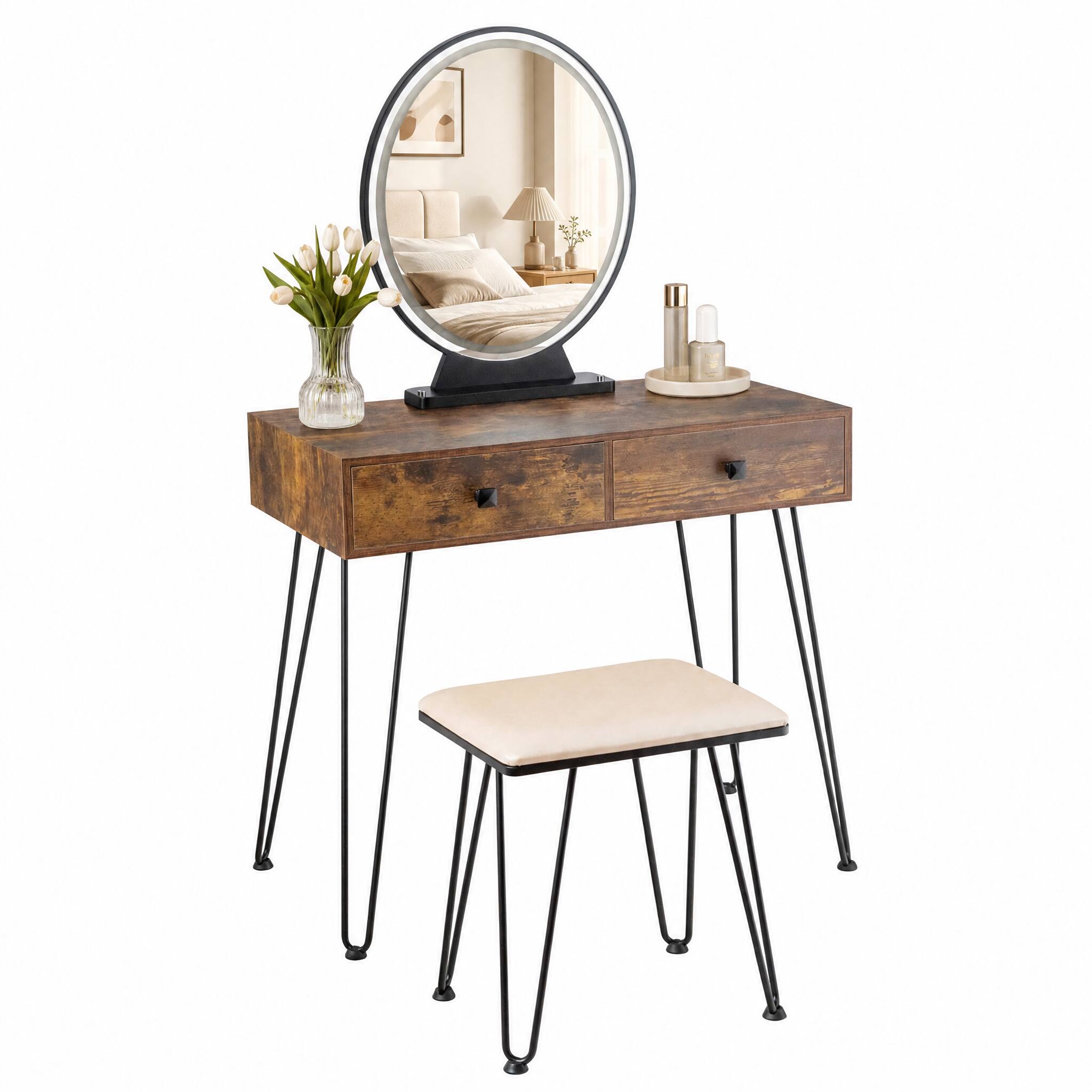 Left. WELLFOR - Makeup Vanity Desk with Detachable 3‑Color Lighted Mirror, Acrylic Cosmetic Organizer and Cushioned Stool for Bedroom - Rustic Brown.