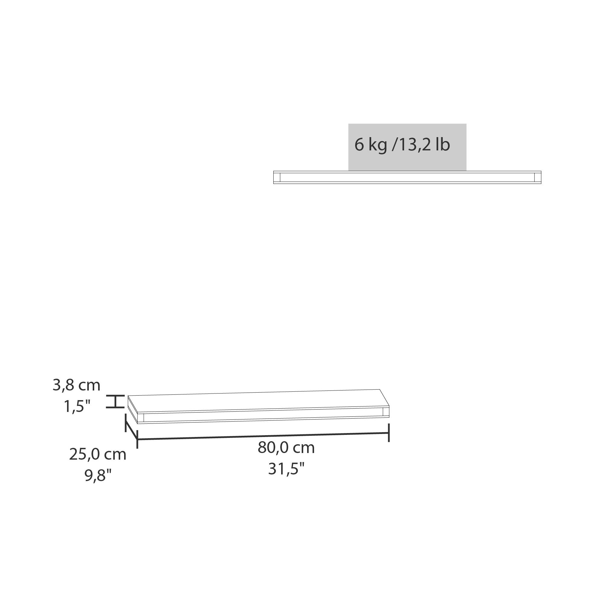 6 kg / 13,2 lb

3,8 cm  
1,5"

25,0 cm  
9,8"

80,0 cm  
31,5"