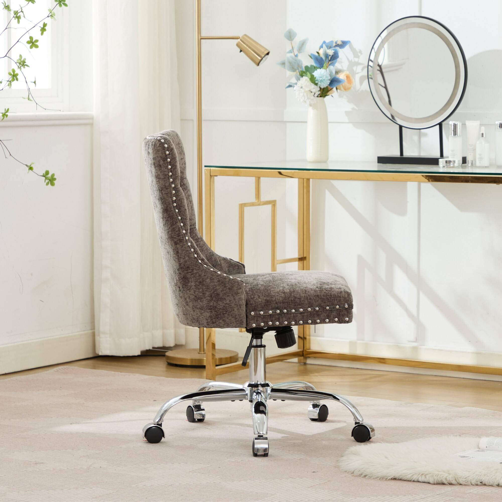 Back. Trinkets Crazed - Home Office Chair with Wheels & Silver Base,Chenille Fabric Makeup Vanity Chair with Tufted Back, Swivel Desk Chair - Gray.
