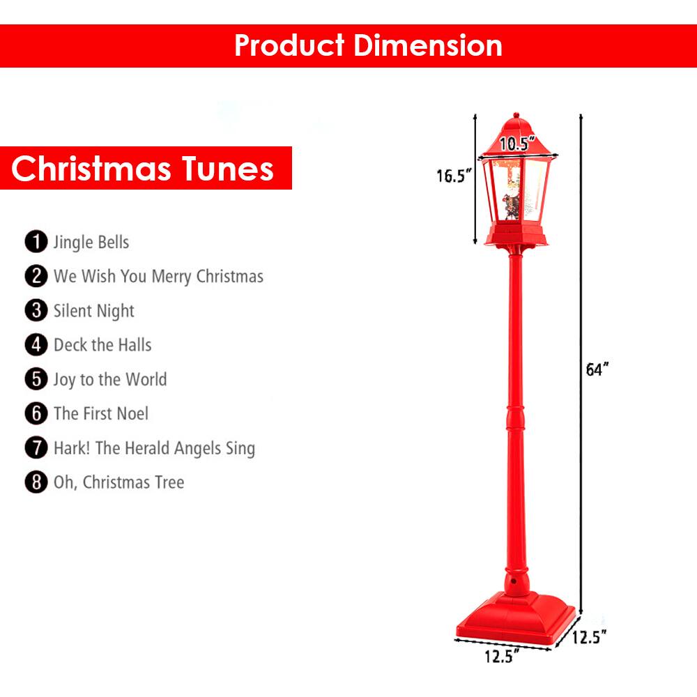 Product Dimension

Christmas Tunes

1. Jingle Bells
2. We Wish You Merry Christmas
3. Silent Night
4. Deck the Halls
5. Joy to the World
6. The First Noel
7. Hark! The Herald Angels Sing
8. Oh, Christmas Tree

Dimensions:
- Height: 64"
- Width: 16.5"
- Depth: 10.5"
- Base: 12.5" x 12.5"
