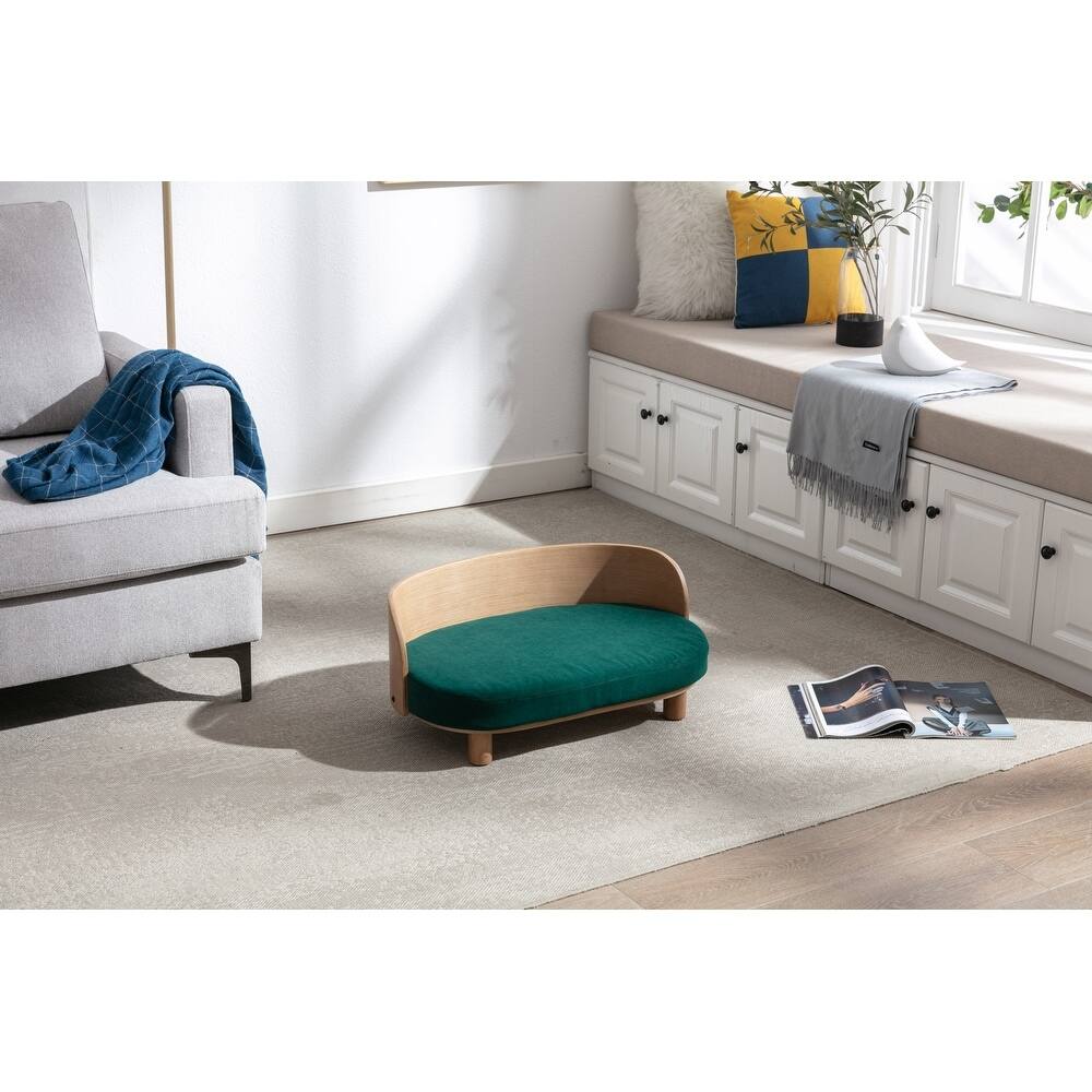 Front. Ficcuss Pets - Green Velvet Cushion Wood Pet Sofa - Green.