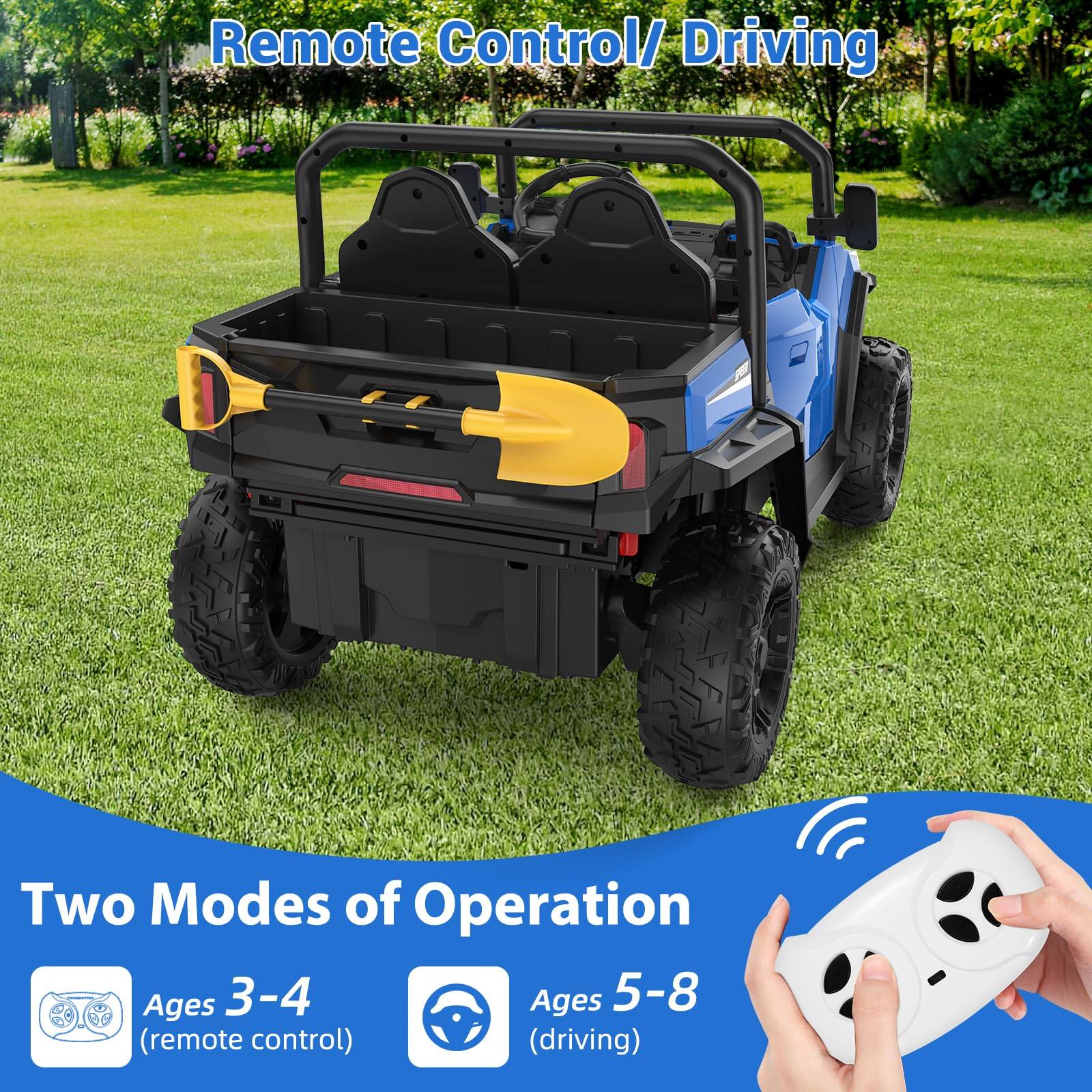 Remote Control/ Driving

Two Modes of Operation

Ages 3-4 (remote control)

Ages 5-8 (driving)