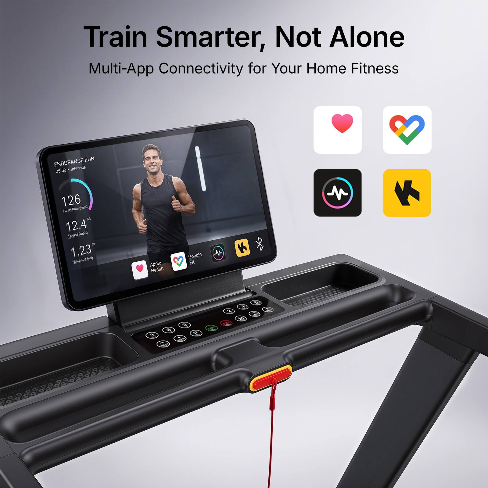 Train Smarter, Not Alone  
Multi-App Connectivity for Your Home Fitness  

ENDURANCE RUN  
25:09  
Interessi  
126 (cpm) Heart Rate  
12.4 (mph) Speed  
1.23 (cm) Distance  

Apple Health  
Google Fit