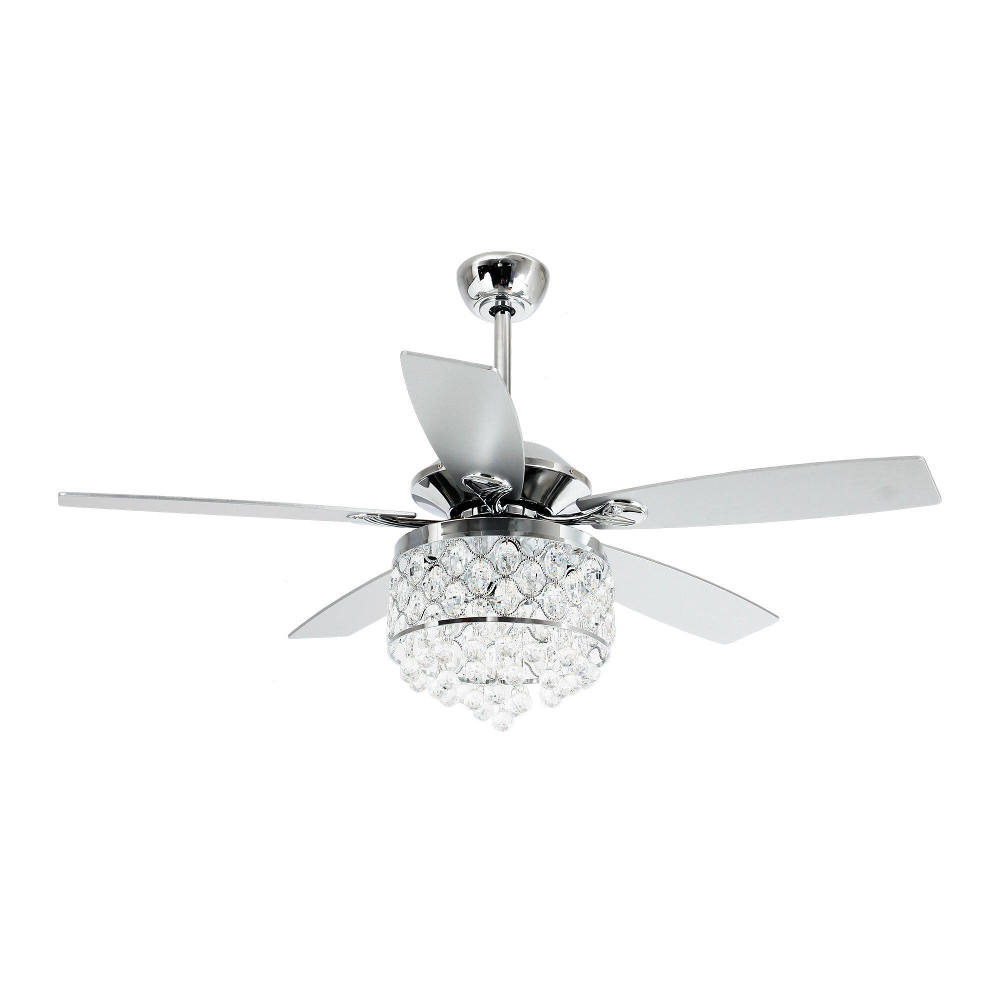 Alt View 6. Parrot Uncle - 52" Modern Silver 5-Blade Crystal Ceiling Fan with Remote Control - Chrome.