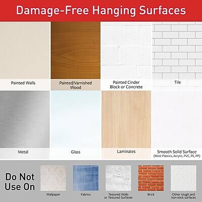 **Damage-Free Hanging Surfaces**

- Painted Walls
- Painted/Varnished Wood
- Painted Cinder Block or Concrete
- Tile
- Metal
- Glass
- Laminates
- Smooth Solid Surface (Most Plastics, Acrylic, PVC, PE)

**Do Not Use On**

- Wallpaper
- Fabrics
- Textured Walls or Textured Surfaces
- Brick
- Other rough and non-stick surfaces