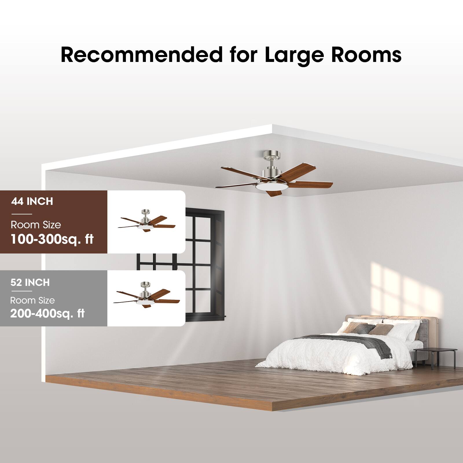 Recommended for Large Rooms

44 INCH
Room Size
100-300sq. ft

52 INCH
Room Size
200-400sq. ft