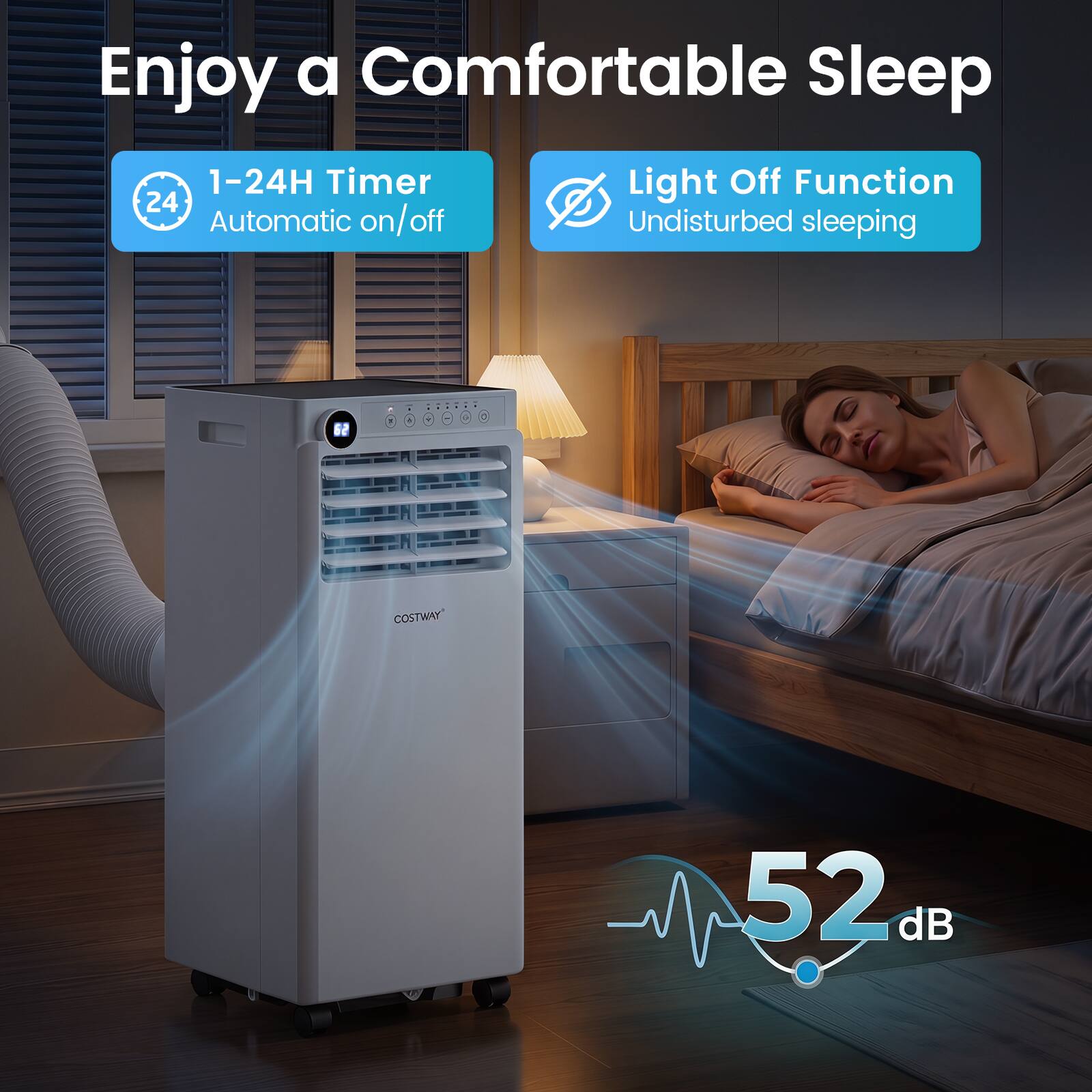 Enjoy a Comfortable Sleep

1-24H Timer
Automatic on/off

Light Off Function
Undisturbed sleeping

COSTWAY

52 dB