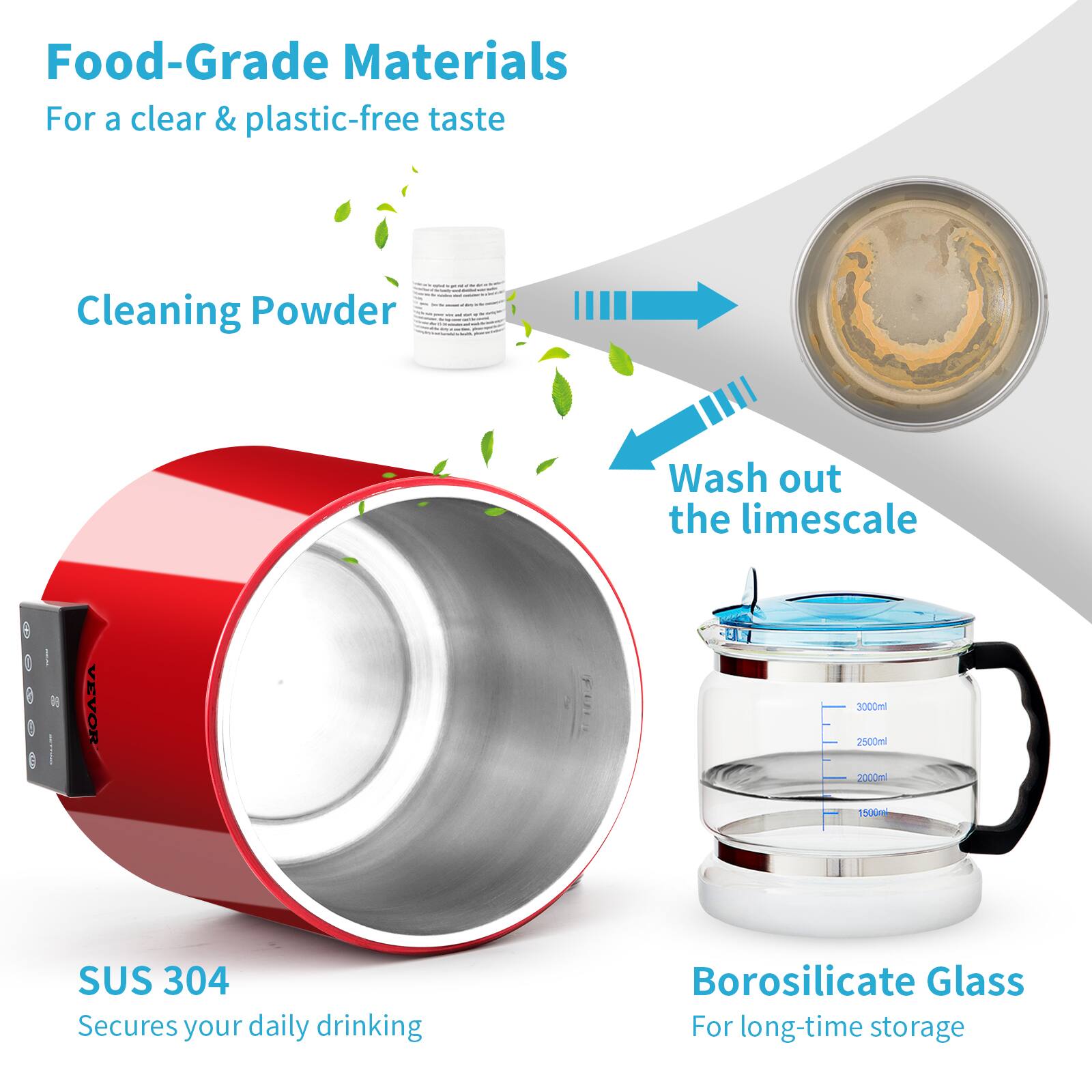 Food-Grade Materials  
For a clear & plastic-free taste  

Cleaning Powder  
Wash out the limescale  

SUS 304  
Secures your daily drinking  

Borosilicate Glass  
For long-time storage