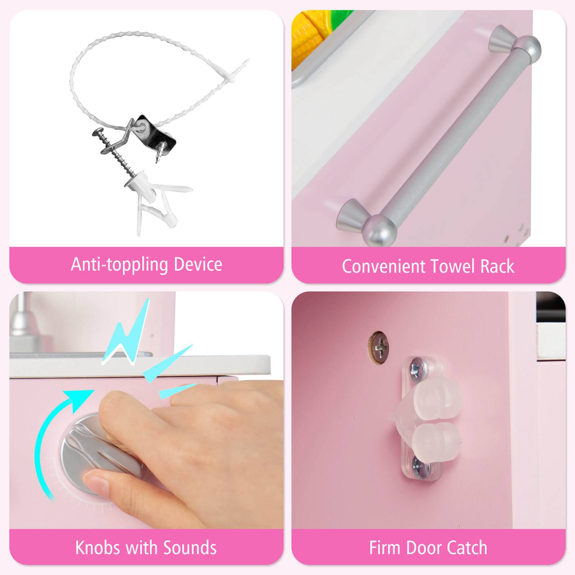 1. Anti-toppling Device
2. Convenient Towel Rack
3. Knobs with Sounds
4. Firm Door Catch