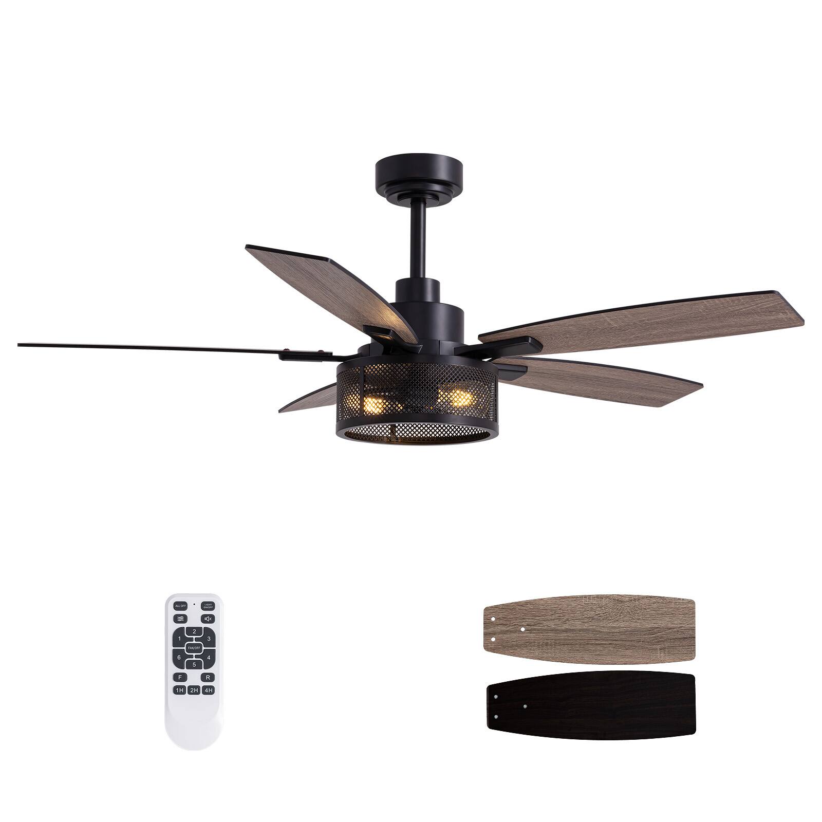 Angle. Siljoy - 52-in Indoor Matte Black Layered Caged Ceiling Fan with Light Kit Reversible Blades and Remote Included - Black.