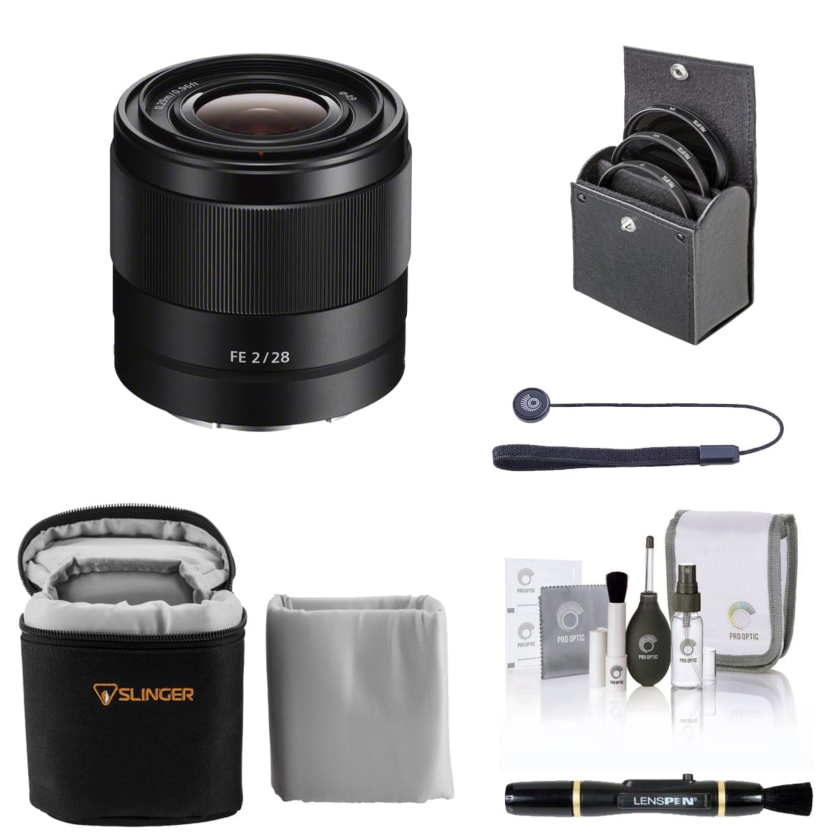FE 28mm f/2 Lens for Sony E, Bundle with 49mm Filter Kit, Lens Case, Lens Cleaner, Cleaning Kit, Lens Cap Tether