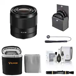FE 28mm f/2 Lens for Sony E, Bundle with 49mm Filter Kit, Lens Case, Lens Cleaner, Cleaning Kit, Lens Cap Tether