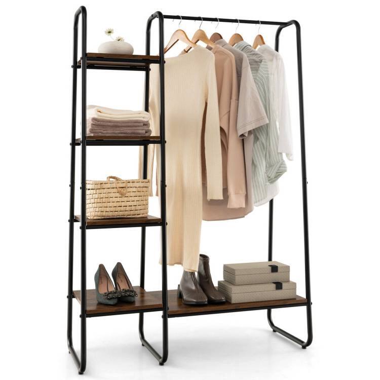 Front. Hivvago - Industrial Wood Metal Garment Rack Clothes Hanging Bar with Storage Shelves - Rustic Brown.