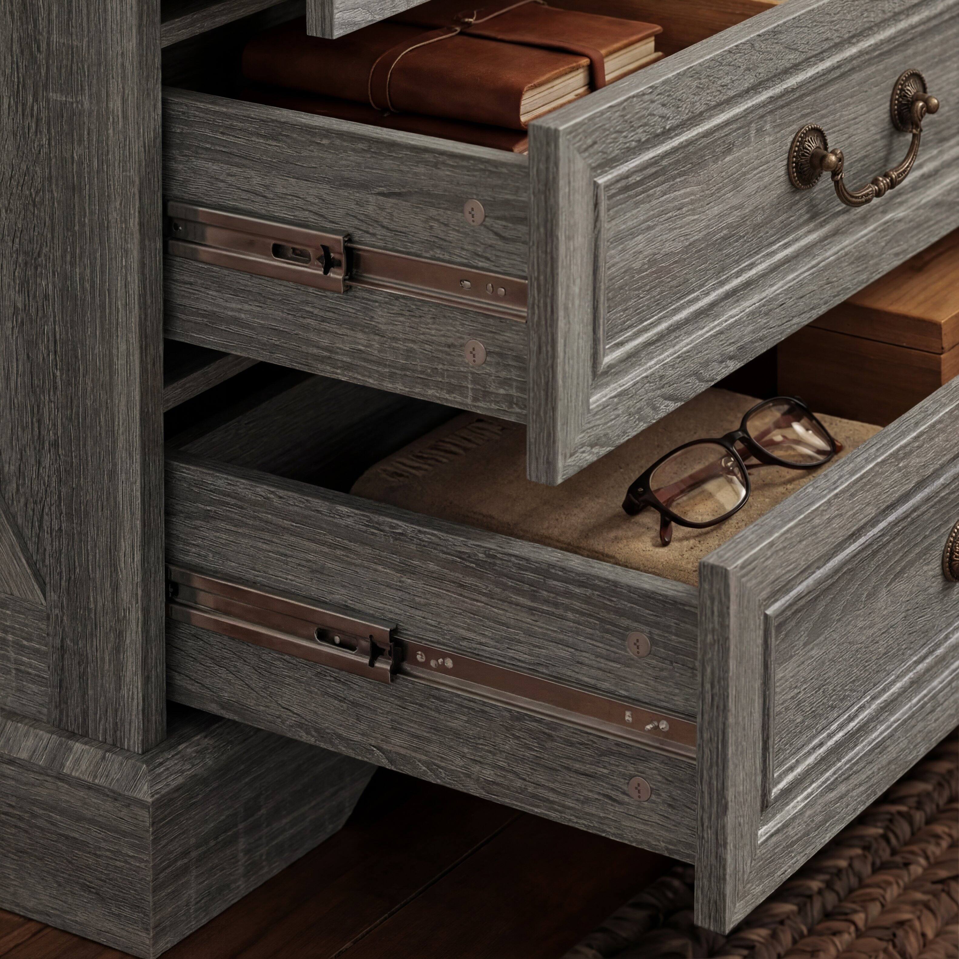 Left. Famapy - Farmhouse 3-Drawer Nightstand with AC & USB Charging Station, Rustic Wooden Bedside Table Storage Cabinet for Bedroom - Gray.