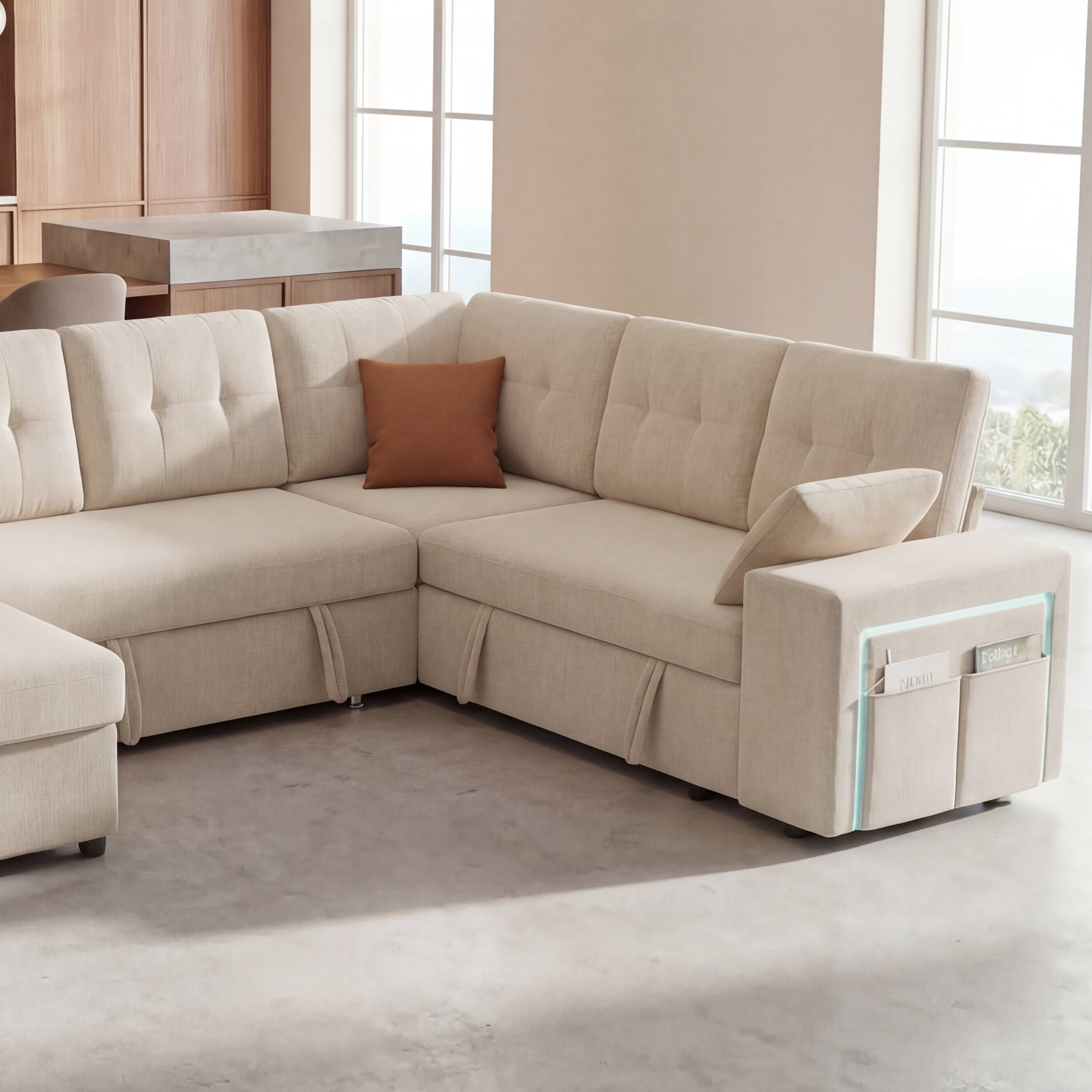 Alt View 2. Dyonery - Dyonery 7-Seat Modular Sectional Sleeper Sofa with Pull-Out Bed, Reclining Backrest, USB Ports, Table, LED Lights,Beige - Beige.