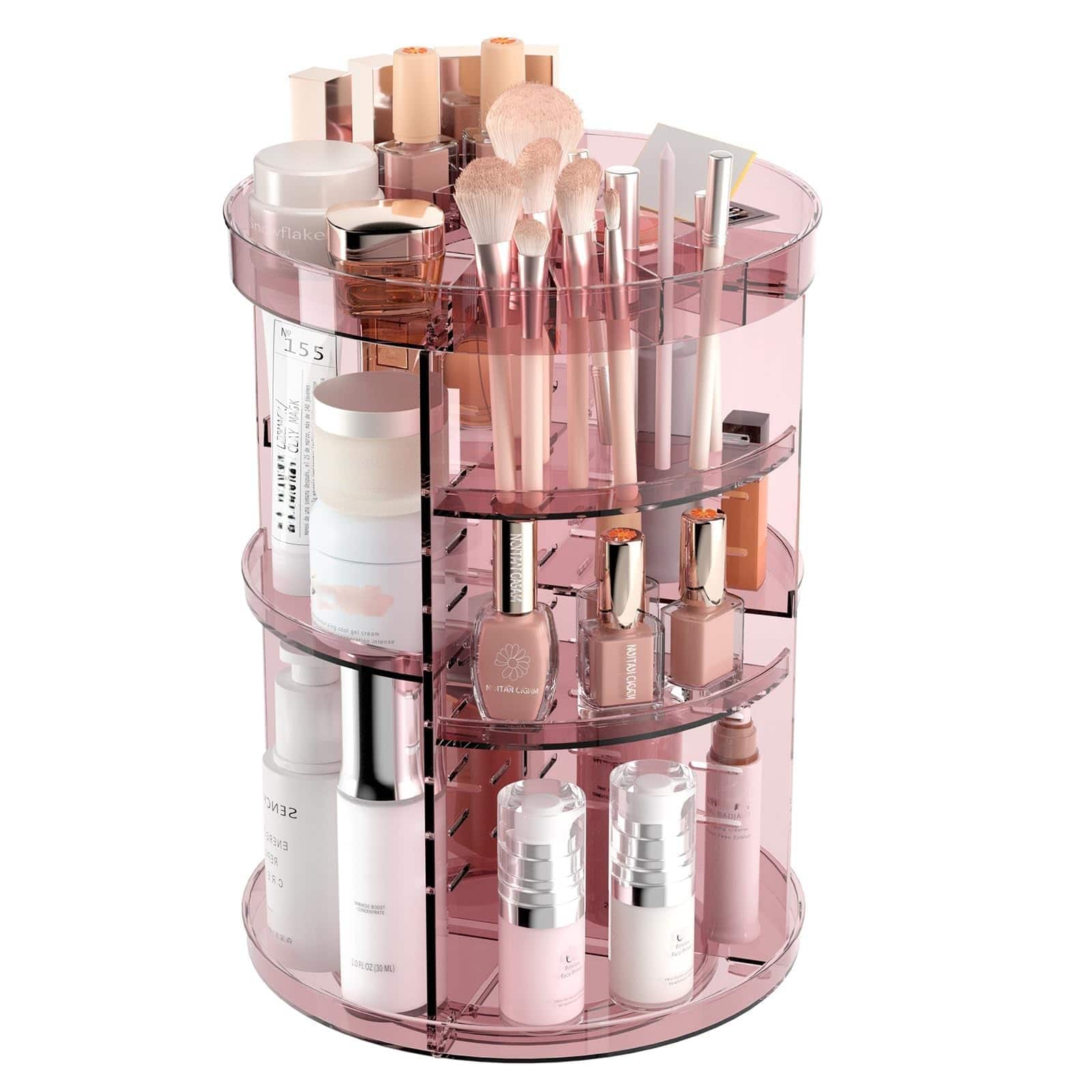 Reds Spade - Rotating Makeup Organizer for Vanity, DIY Adjustable Tray Spinning Skincare Organizers Countertop, Cosmetic - Slot Top Pink