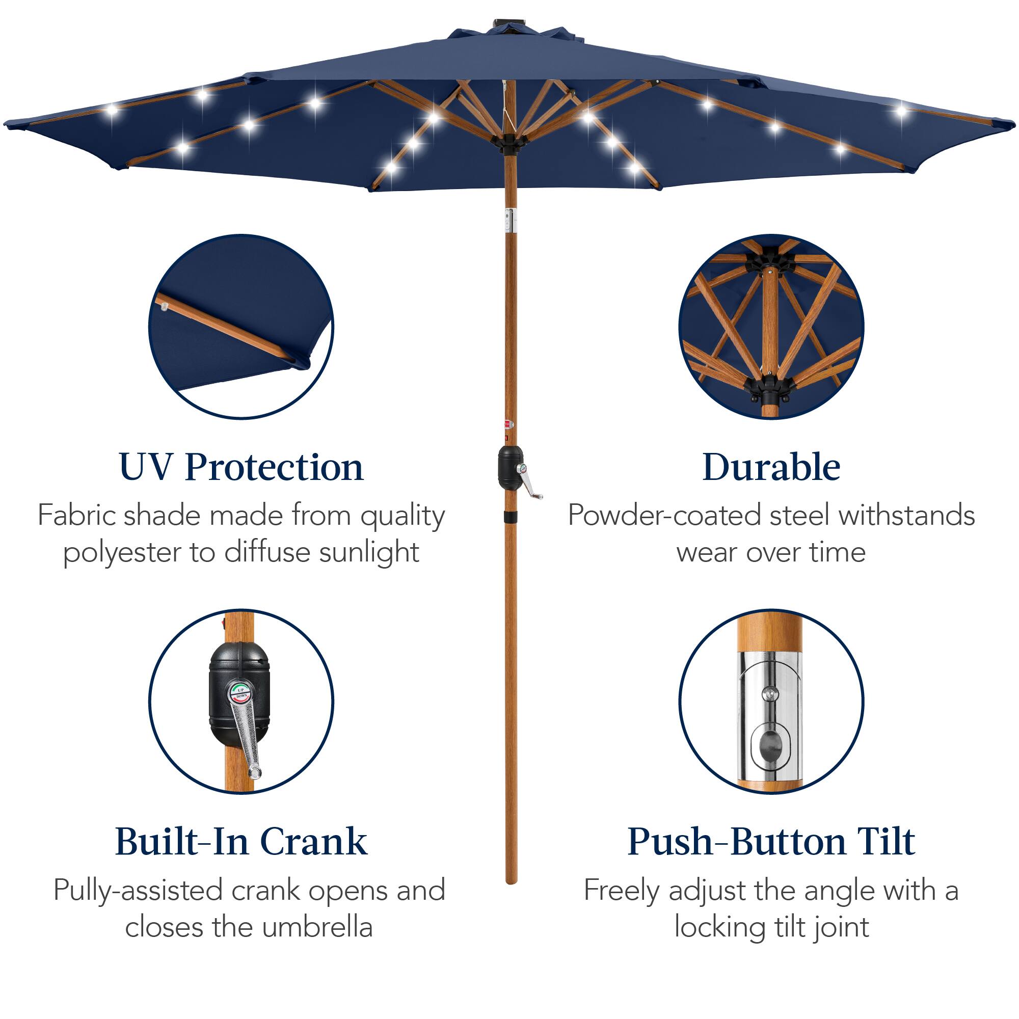 UV Protection: Fabric shade made from quality polyester to diffuse sunlight.

Durable: Powder-coated steel withstands wear over time.

Built-In Crank: Pulley-assisted crank opens and closes the umbrella.

Push-Button Tilt: Freely adjust the angle with a locking tilt joint.