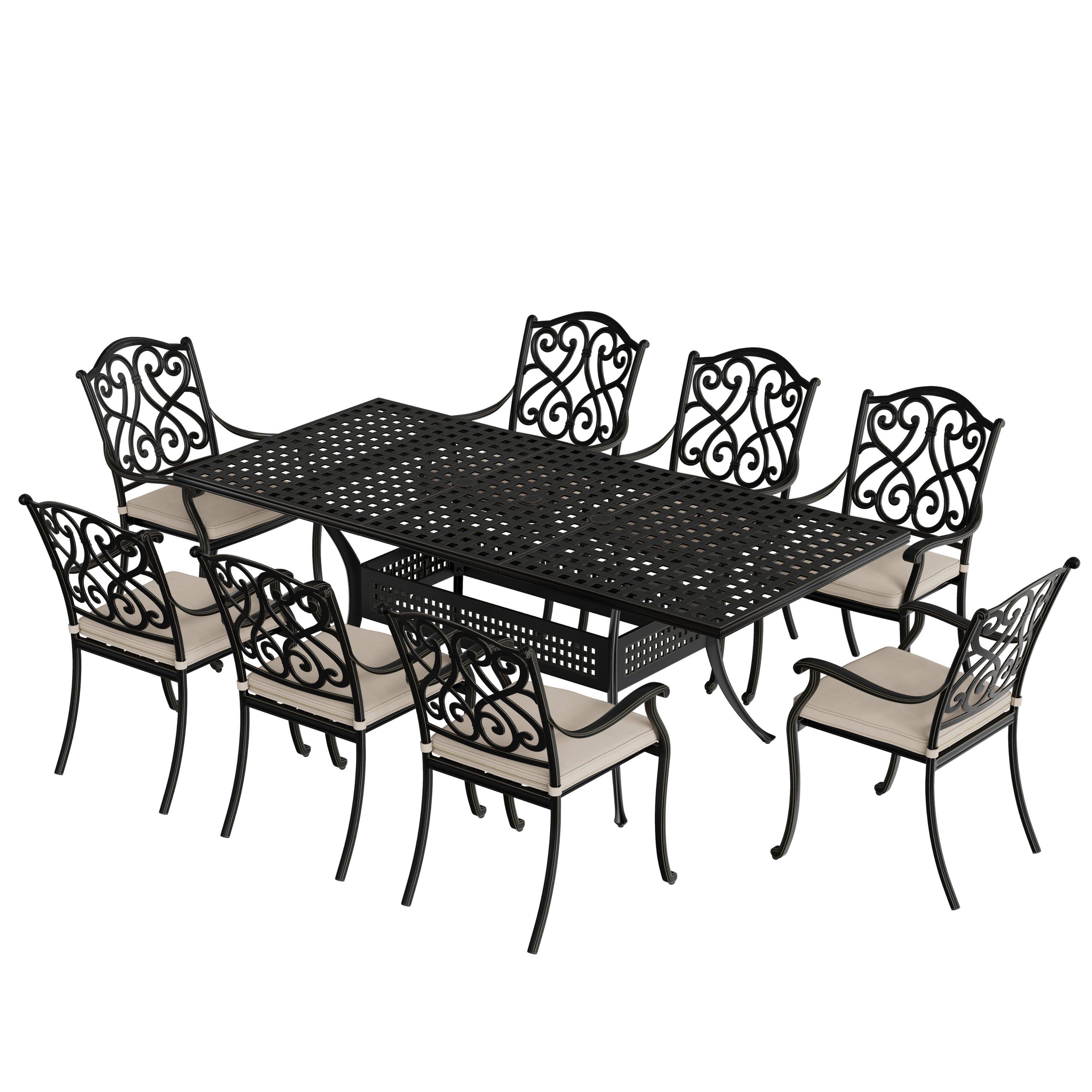 Mondawe - 9 Piece Rectangular Outdoor Dining Set with Cushions - Black+Beige