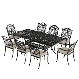 Mondawe - 9 Piece Rectangular Outdoor Dining Set with Cushions - Black+Beige