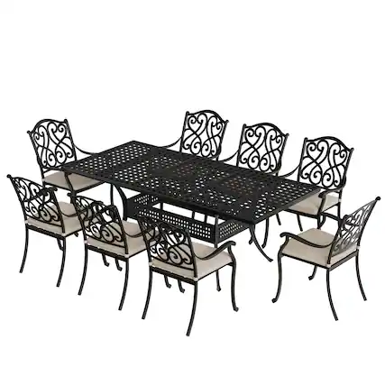 Front. Mondawe - 9 Piece Rectangular Outdoor Dining Set with Cushions - Black+Beige.