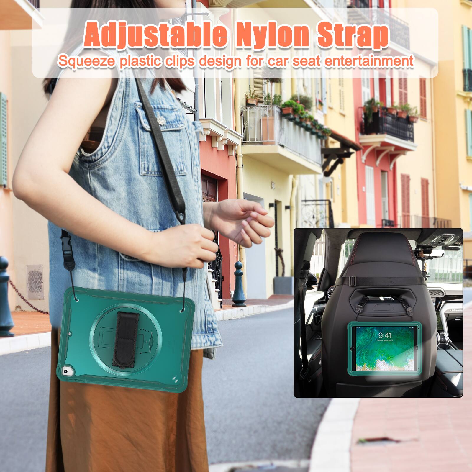 Adjustable Nylon Strap  
Squeeze plastic clips design for car seat entertainment