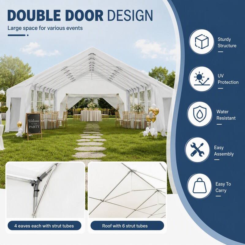 DOUBLE DOOR DESIGN  
Large space for various events

Sturdy Structure  
UV Protection  
Water Resistant  
Easy Assembly  
Easy To Carry  

4 eaves each with strut tubes  
Roof with 6 strut tubes