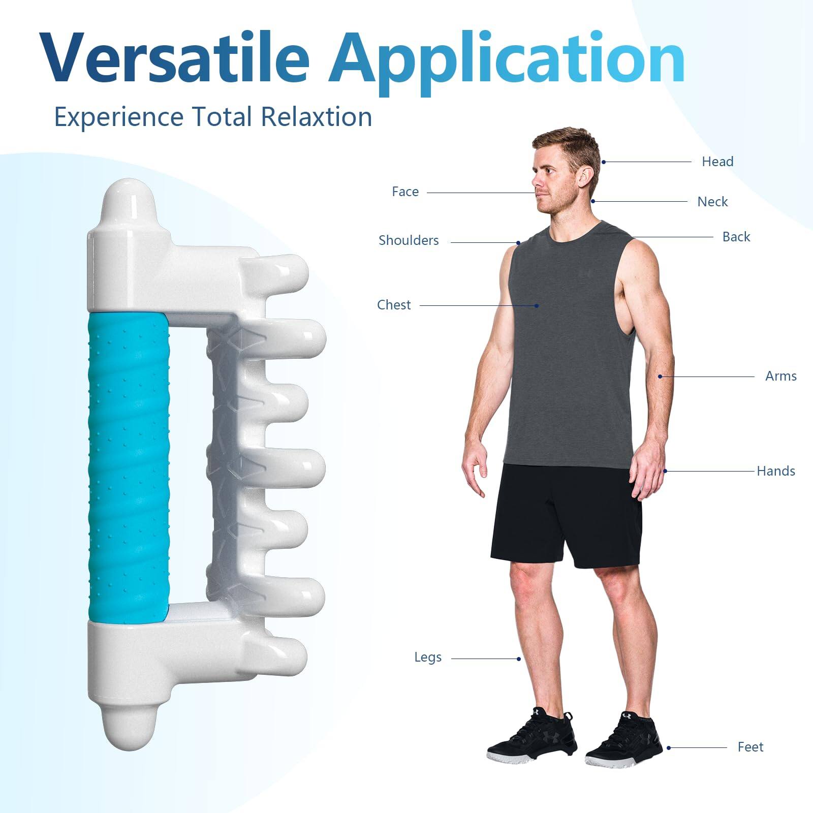 Versatile Application  
Experience Total Relaxation  

Head  
Neck  
Back  
Shoulders  
Chest  
Arms  
Hands  
Legs  
Feet