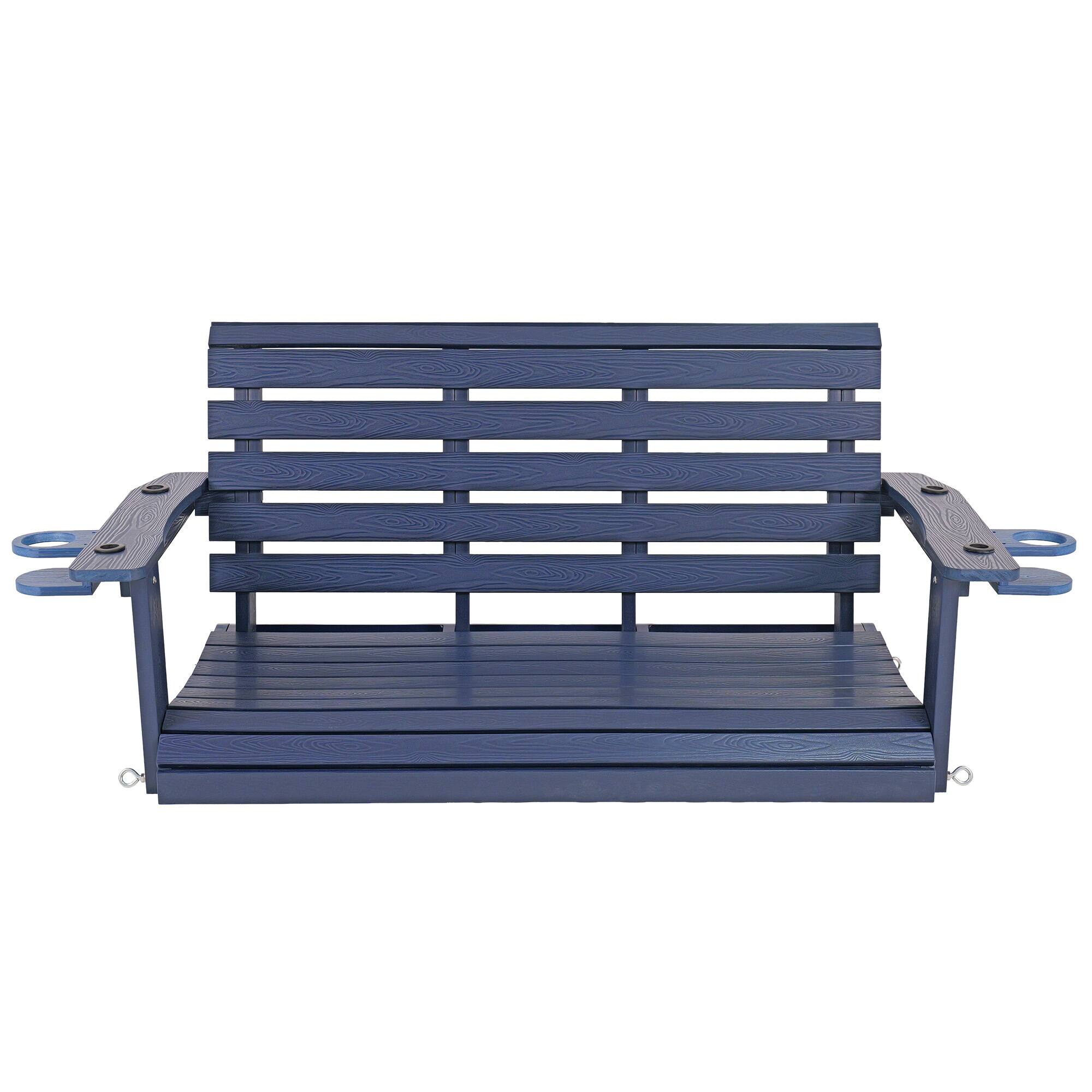 Angle. Fortune Candy - 4ft Poly Lumber Outdoor Porch Swing, HIPS Weather Resistant Patio Swing Chair with Foldable Cup Holders (2-Seater) - Navy Blue.