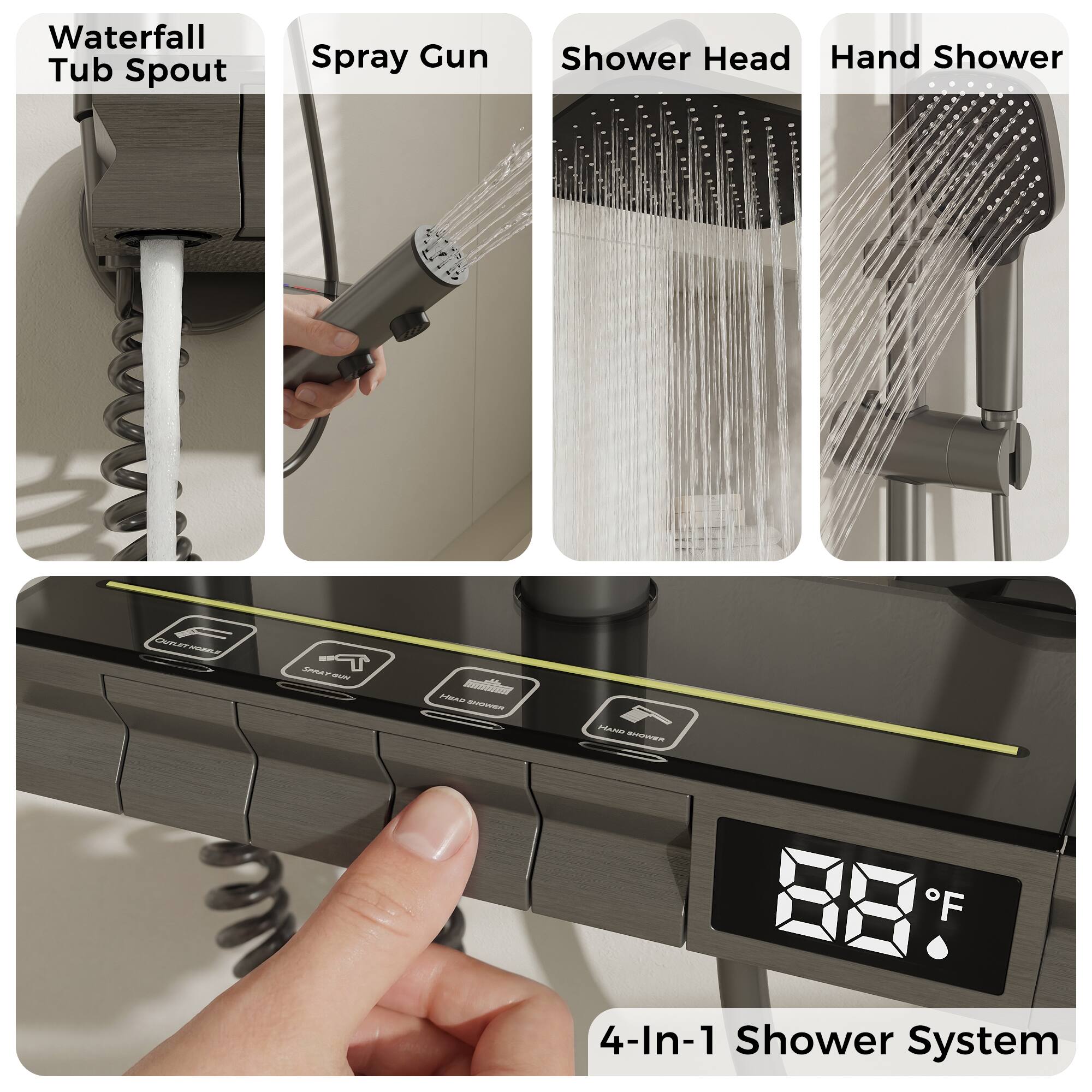 Waterfall Tub Spout Spray Gun Shower Head Hand Shower - i ANSITAN T BL FL - SOVEEN 4-In-1 Shower System