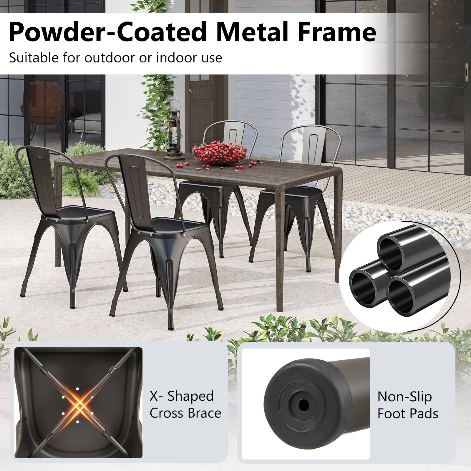 Powder-Coated Metal Frame  
Suitable for outdoor or indoor use  

X-Shaped Cross Brace  

Non-Slip Foot Pads