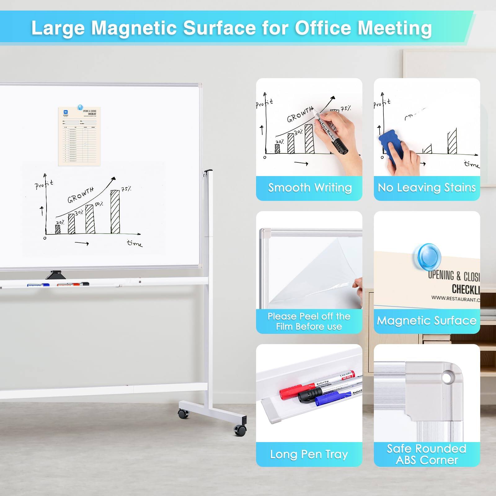 Large Magnetic Surface for Office Meeting

- Smooth Writing
- No Leaving Stains
- Please Peel off the Film Before use
- Magnetic Surface
- Long Pen Tray
- Safe Rounded ABS Corner

UPENING & CLOSING CHECKLIST
WWW.RESTAURANT.C
